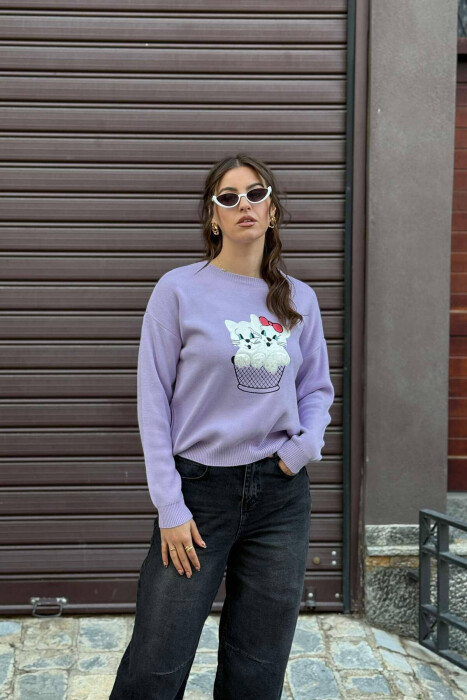 TWO KITTENS IMAGE WOMEN SWEATER PURPLE/LEJLA - 4