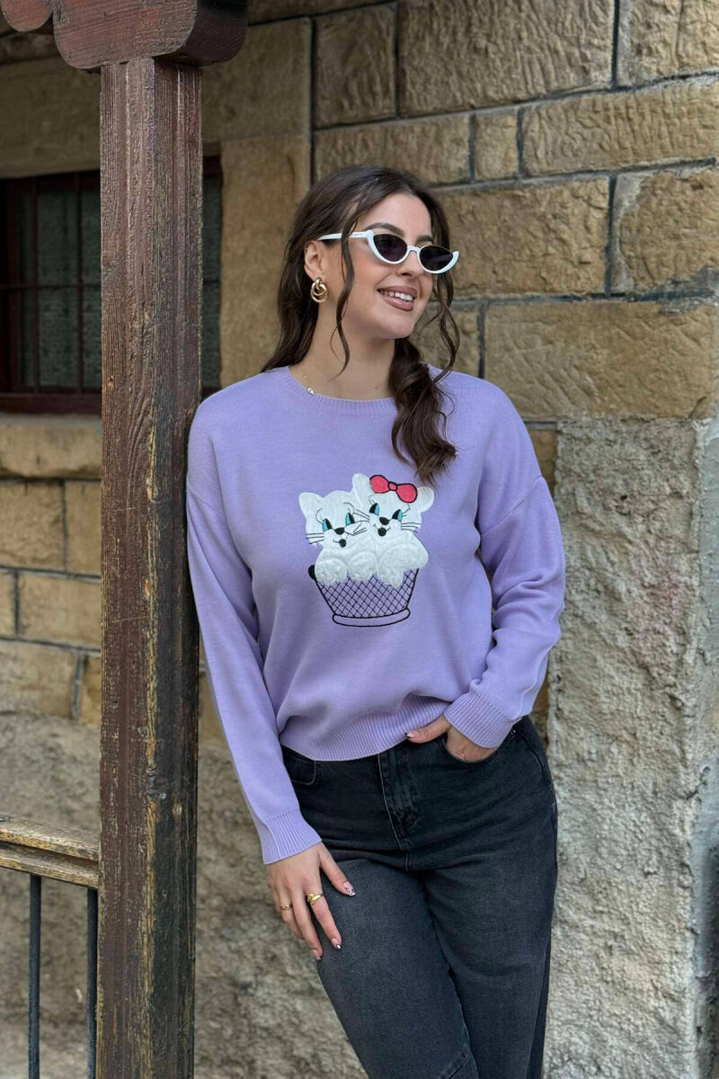 TWO KITTENS IMAGE WOMEN SWEATER PURPLE/LEJLA - 5