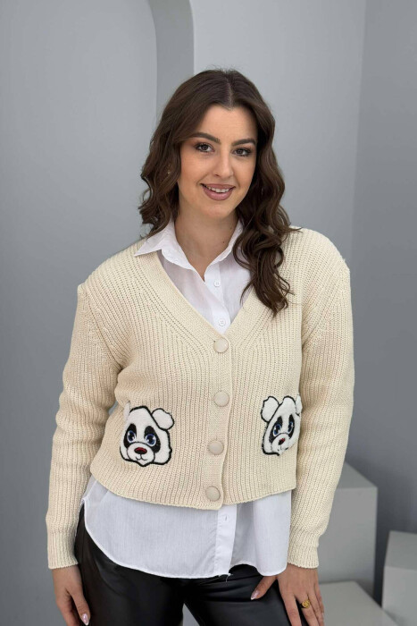 TWO PANDA IMAGES KNITTED WOMEN CARDIGAN CREAM/KREM - 1