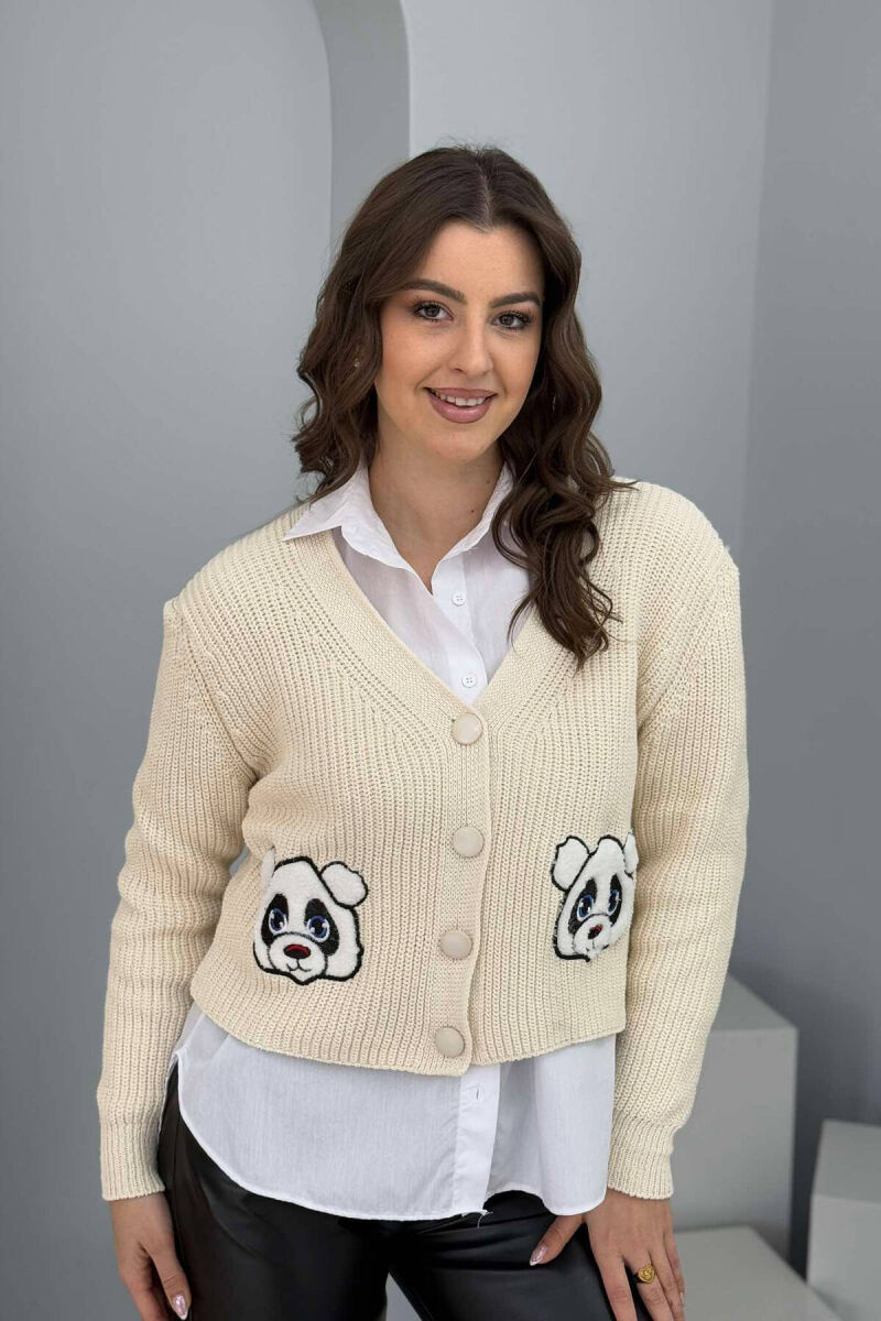 TWO PANDA IMAGES KNITTED WOMEN CARDIGAN CREAM/KREM - 1