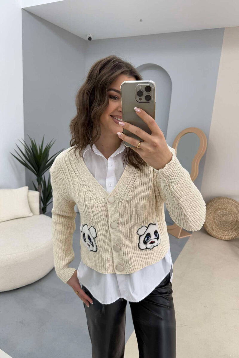 TWO PANDA IMAGES KNITTED WOMEN CARDIGAN CREAM/KREM - 2