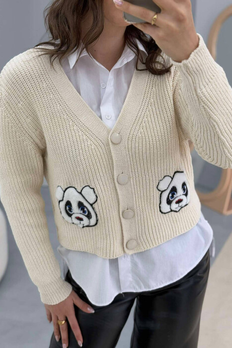 TWO PANDA IMAGES KNITTED WOMEN CARDIGAN CREAM/KREM - 4