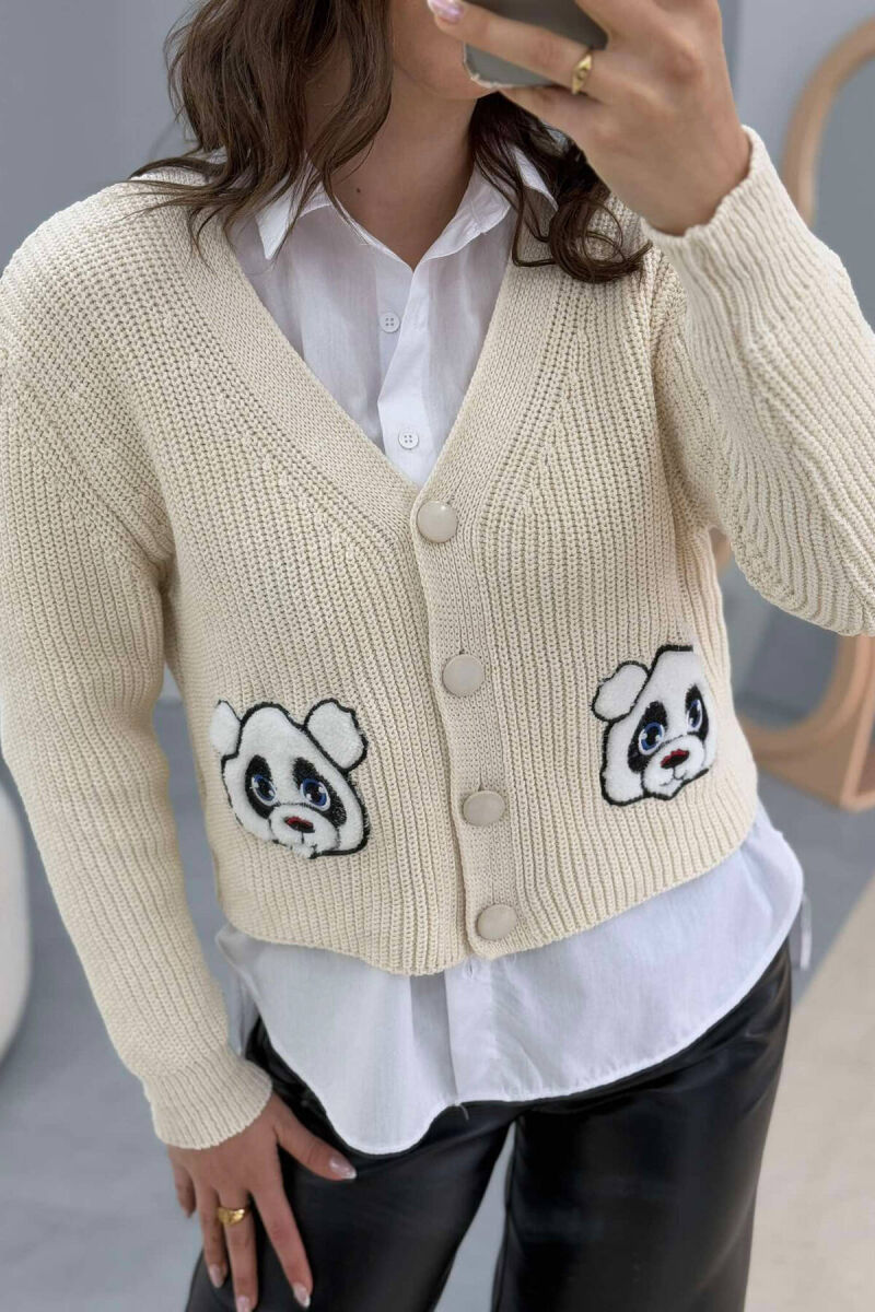 TWO PANDA IMAGES KNITTED WOMEN CARDIGAN CREAM/KREM - 4