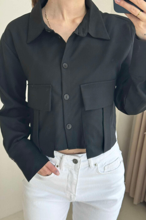 TWO POCKETS DETAIL CROPPED WOMEN SHIRT BLACK/ E ZEZE 