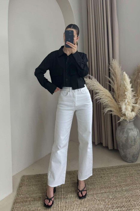 TWO POCKETS DETAIL CROPPED WOMEN SHIRT BLACK/ E ZEZE - KLAUDIO FASHION