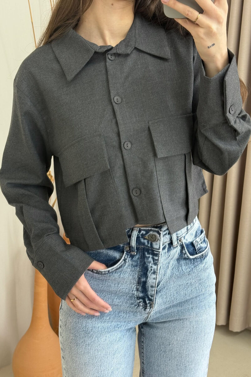 TWO POCKETS DETAIL CROPPED WOMEN SHIRT DARK GREY/GEE - 1