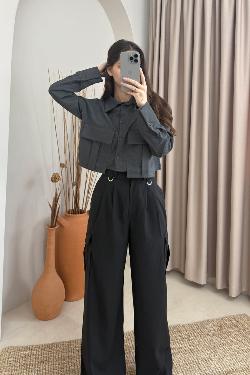 TWO POCKETS DETAIL CROPPED WOMEN SHIRT DARK GREY/GEE - 2
