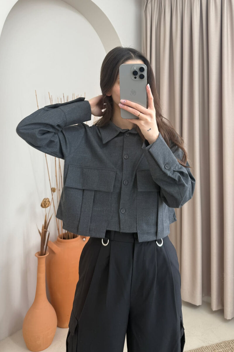 TWO POCKETS DETAIL CROPPED WOMEN SHIRT DARK GREY/GEE - 3