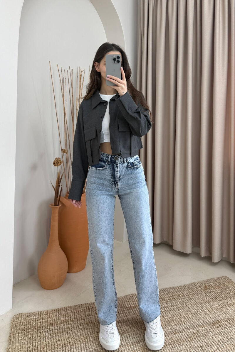 TWO POCKETS DETAIL CROPPED WOMEN SHIRT DARK GREY/GEE - 4