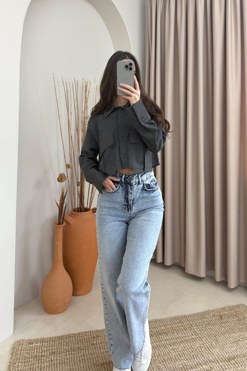 TWO POCKETS DETAIL CROPPED WOMEN SHIRT DARK GREY/GEE - 5