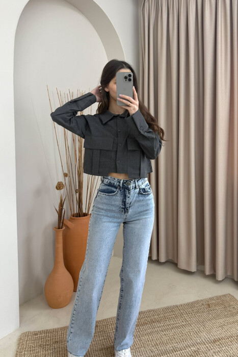 TWO POCKETS DETAIL CROPPED WOMEN SHIRT DARK GREY/GEE - 6