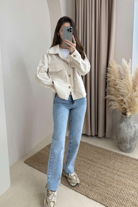 TWO POCKETS DETAIL ONE COLOR WOMEN JACKET CREAM/KREM - 1