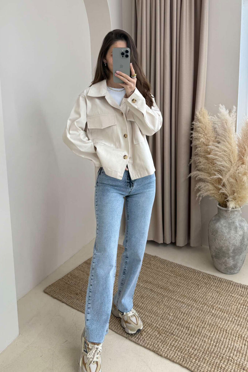 TWO POCKETS DETAIL ONE COLOR WOMEN JACKET CREAM/KREM - 1