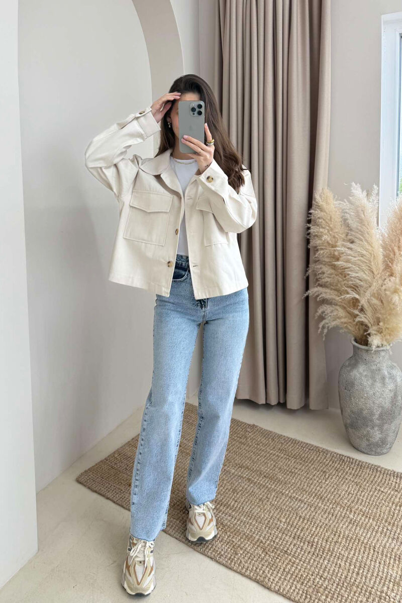 TWO POCKETS DETAIL ONE COLOR WOMEN JACKET CREAM/KREM - 2