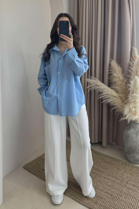 TWO POCKETS DETAIL ONE COLOR WOMEN SHIRT BLUE/BLU - 1