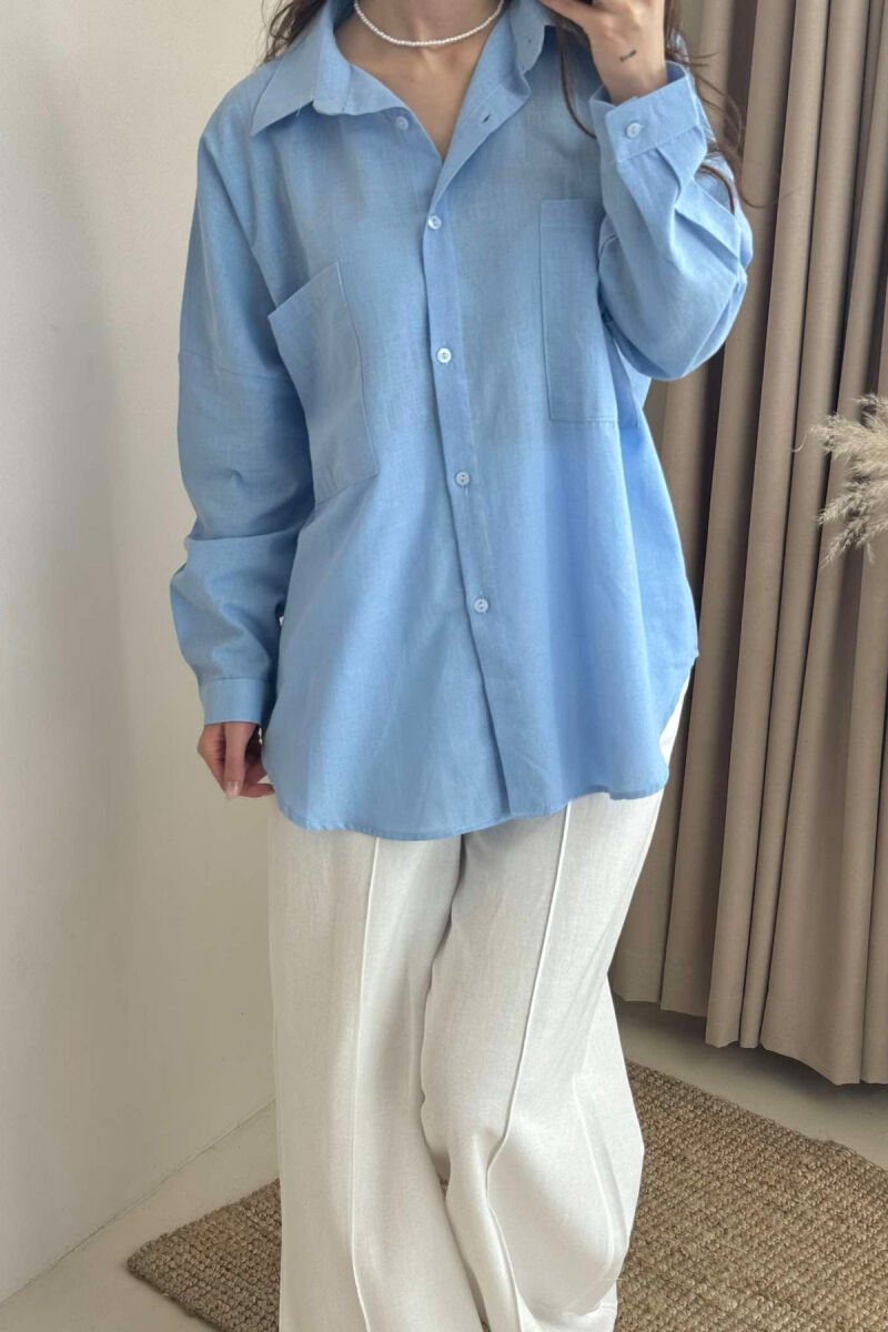 TWO POCKETS DETAIL ONE COLOR WOMEN SHIRT BLUE/BLU - 3
