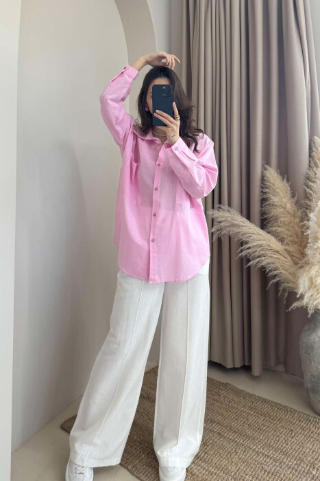 TWO POCKETS DETAIL ONE COLOR WOMEN SHIRT PINK/ROZE 