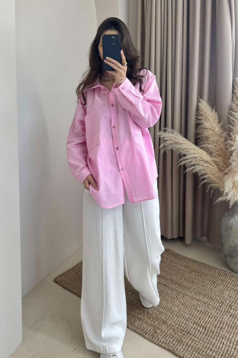 TWO POCKETS DETAIL ONE COLOR WOMEN SHIRT PINK/ROZE - 2