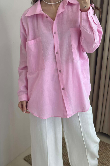 TWO POCKETS DETAIL ONE COLOR WOMEN SHIRT PINK/ROZE - 3