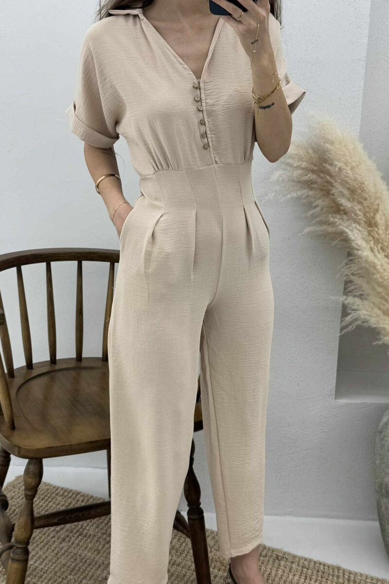 V-NECK & BUTTON FRONT WOMEN JUMPSUIT BEIGE/BEZHE - 2