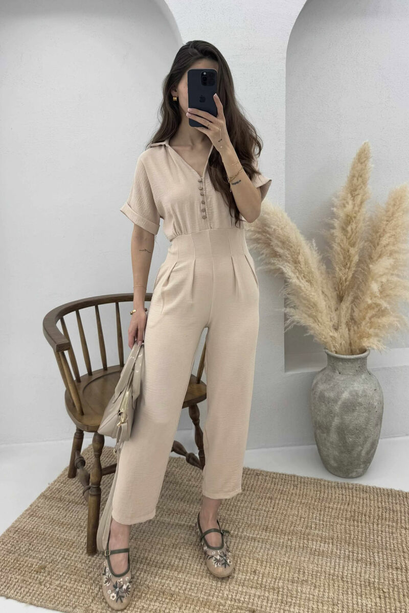 V-NECK & BUTTON FRONT WOMEN JUMPSUIT BEIGE/BEZHE - 4