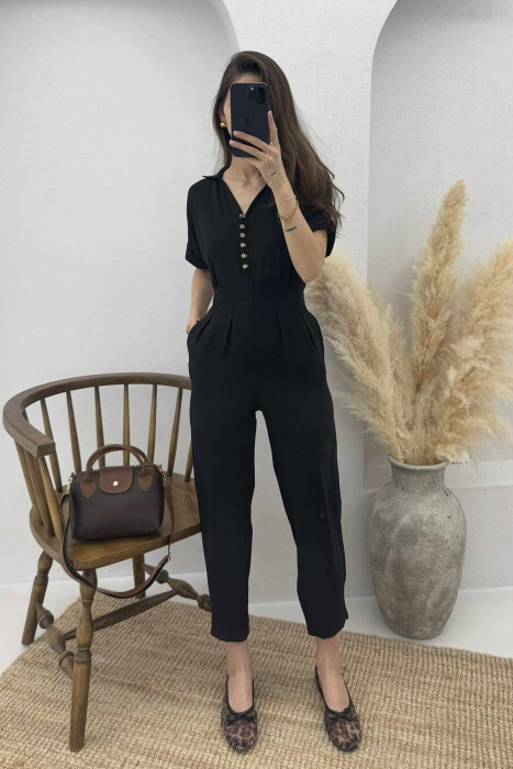 V-NECK & BUTTON FRONT WOMEN JUMPSUIT BLACK/ E ZEZE - 5