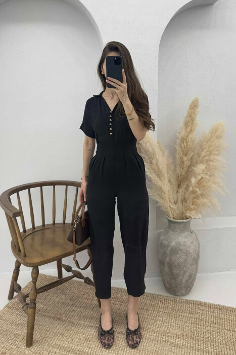 V-NECK & BUTTON FRONT WOMEN JUMPSUIT BLACK/ E ZEZE 