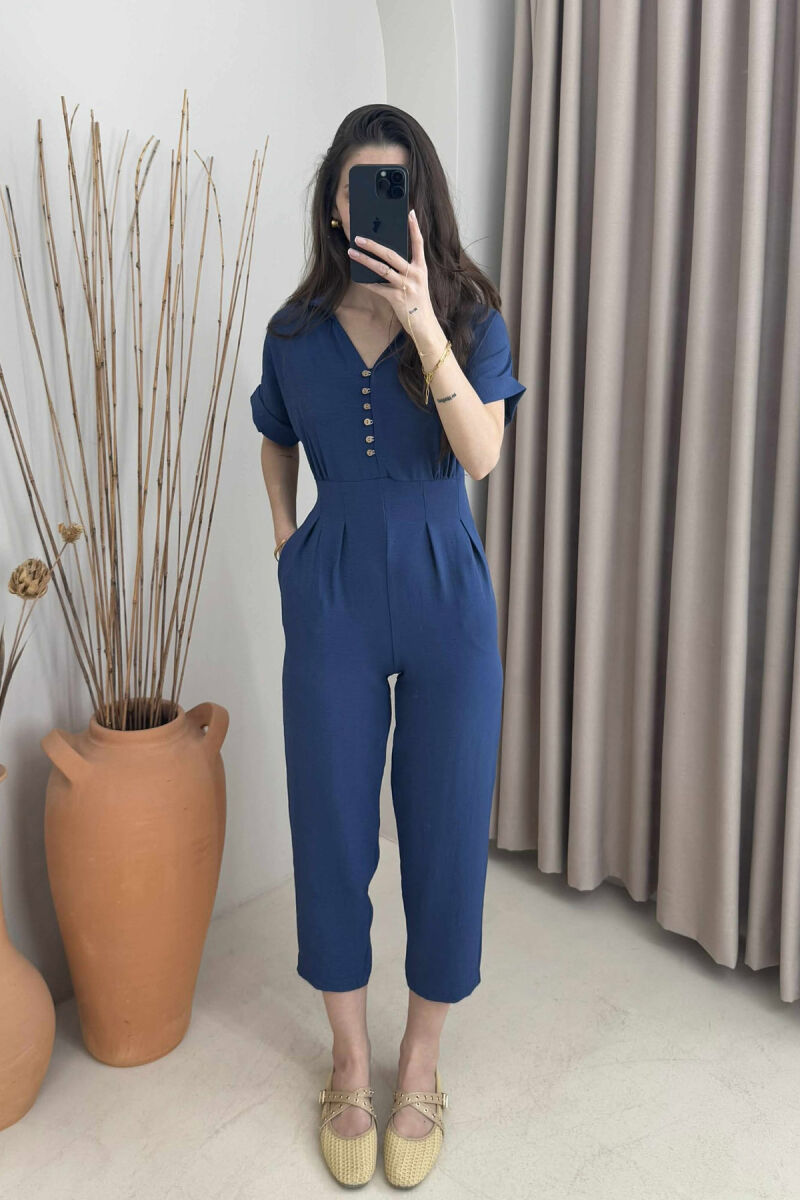 V-NECK & BUTTON FRONT WOMEN JUMPSUIT BLUE/BLU - 1