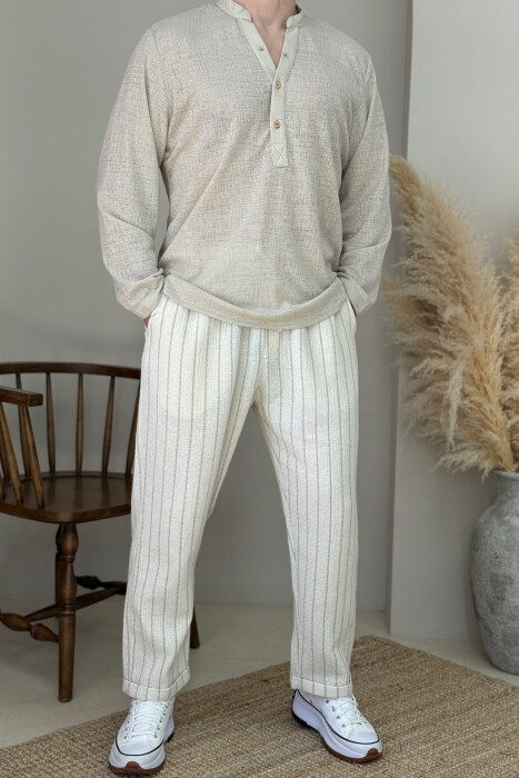 V NECK BUTTONED ONE COLOR MEN SWEATSHIRT BEIGE/BEZHE 