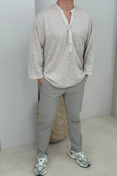 V NECK BUTTONED ONE COLOR MEN SHIRT CREAM/KREM 