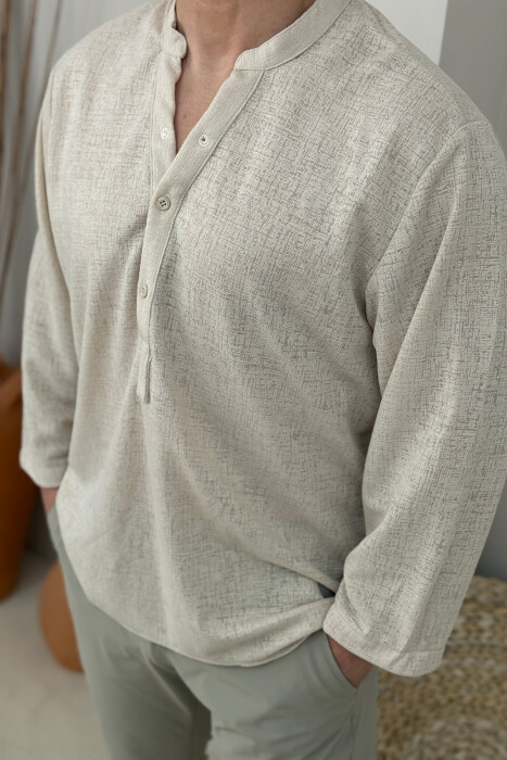 V NECK BUTTONED ONE COLOR MEN SHIRT CREAM/KREM - 2