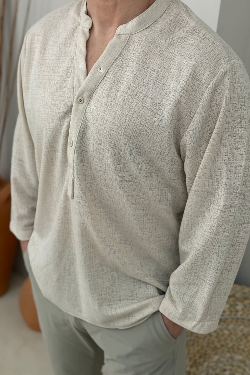 V NECK BUTTONED ONE COLOR MEN SHIRT CREAM/KREM - 2