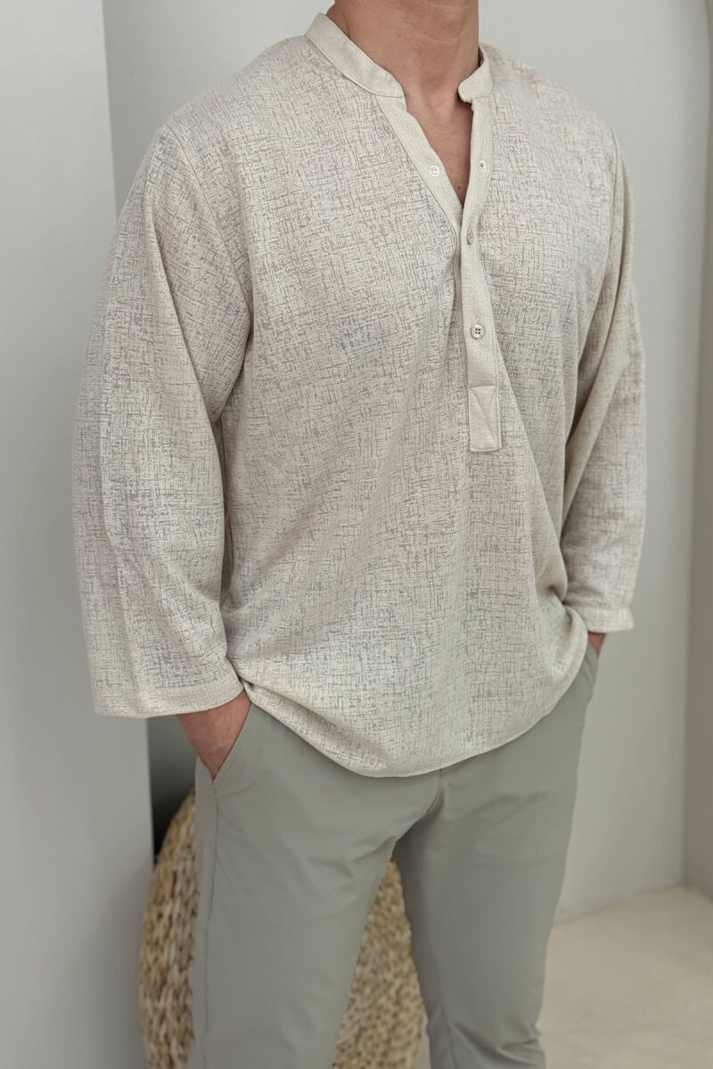 V NECK BUTTONED ONE COLOR MEN SHIRT CREAM/KREM - 3