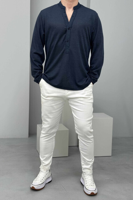 V NECK BUTTONED ONE COLOR MEN SWEATSHIRT DARK BLUE/BEE - 1