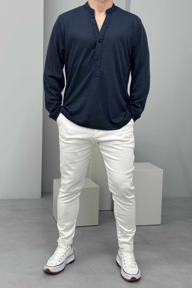 V NECK BUTTONED ONE COLOR MEN SWEATSHIRT DARK BLUE/BEE - 1