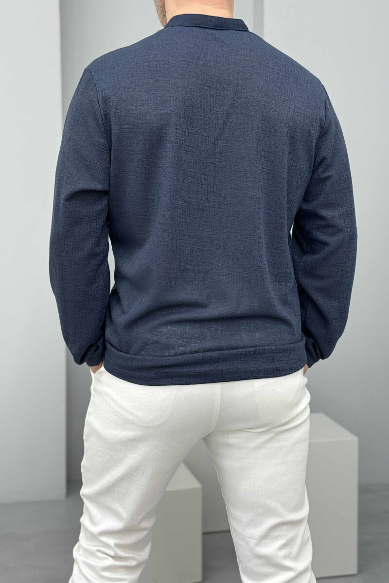 V NECK BUTTONED ONE COLOR MEN SWEATSHIRT DARK BLUE/BEE - 2