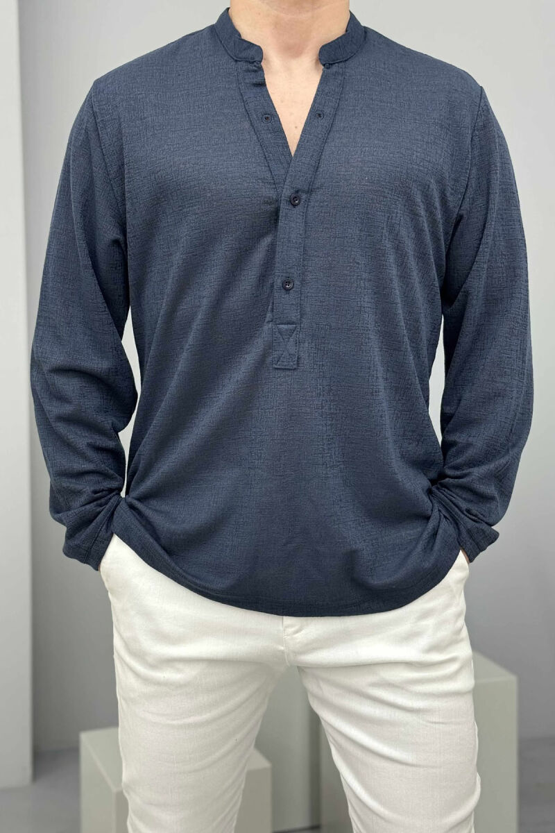 V NECK BUTTONED ONE COLOR MEN SWEATSHIRT DARK BLUE/BEE - 3