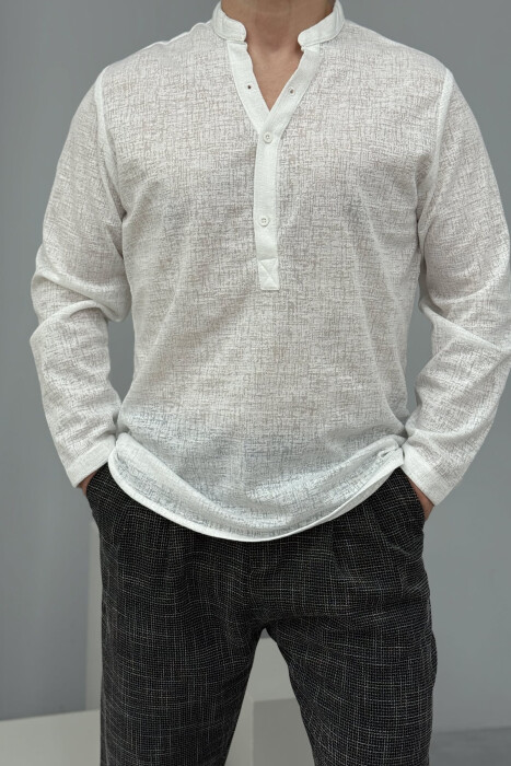 V NECK BUTTONED ONE COLOR MEN SHIRT WHITE-E BARDHE - 3