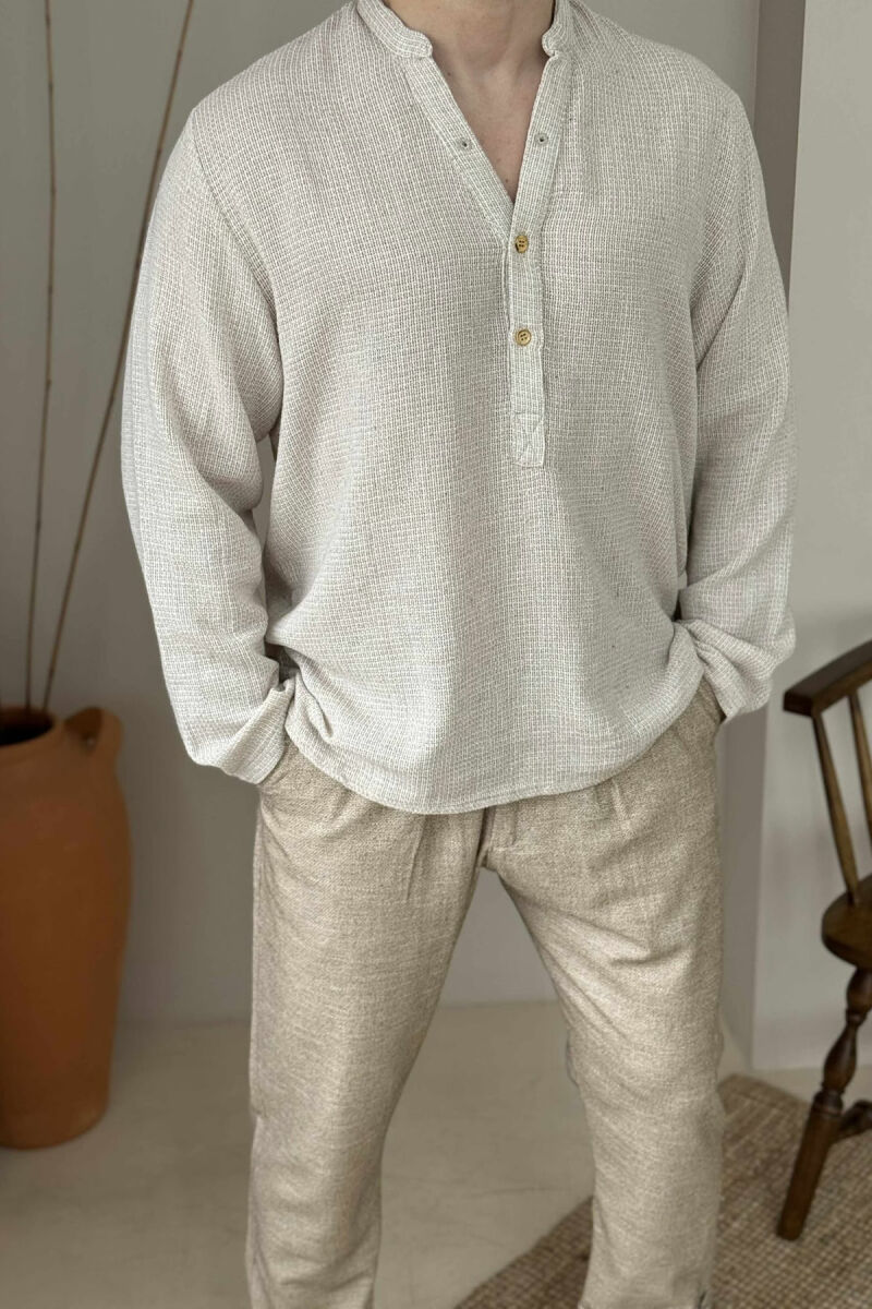 V NECK BUTTONS MEN SHIRT LIGHT BEIGE/BZHZB - 2