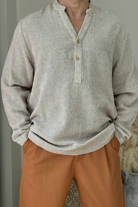 V NECK BUTTONS MEN SHIRT LIGHT BROWN/KAZB - 2