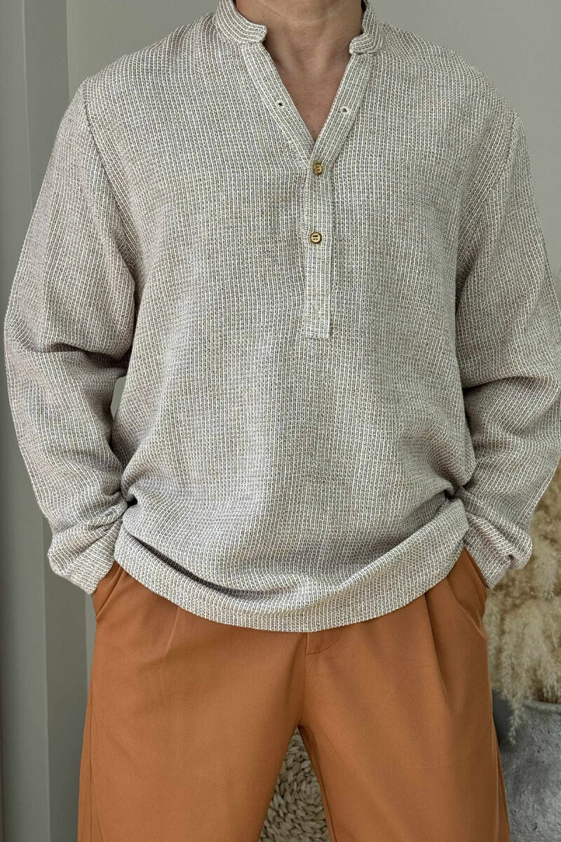 V NECK BUTTONS MEN SHIRT LIGHT BROWN/KAZB - 2