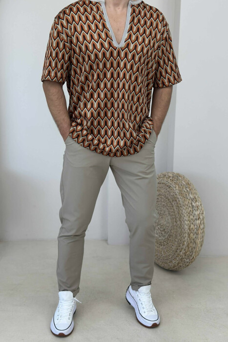 V NECK DESIGNED MEN T-SHIRT BROWN/KAFE - 1