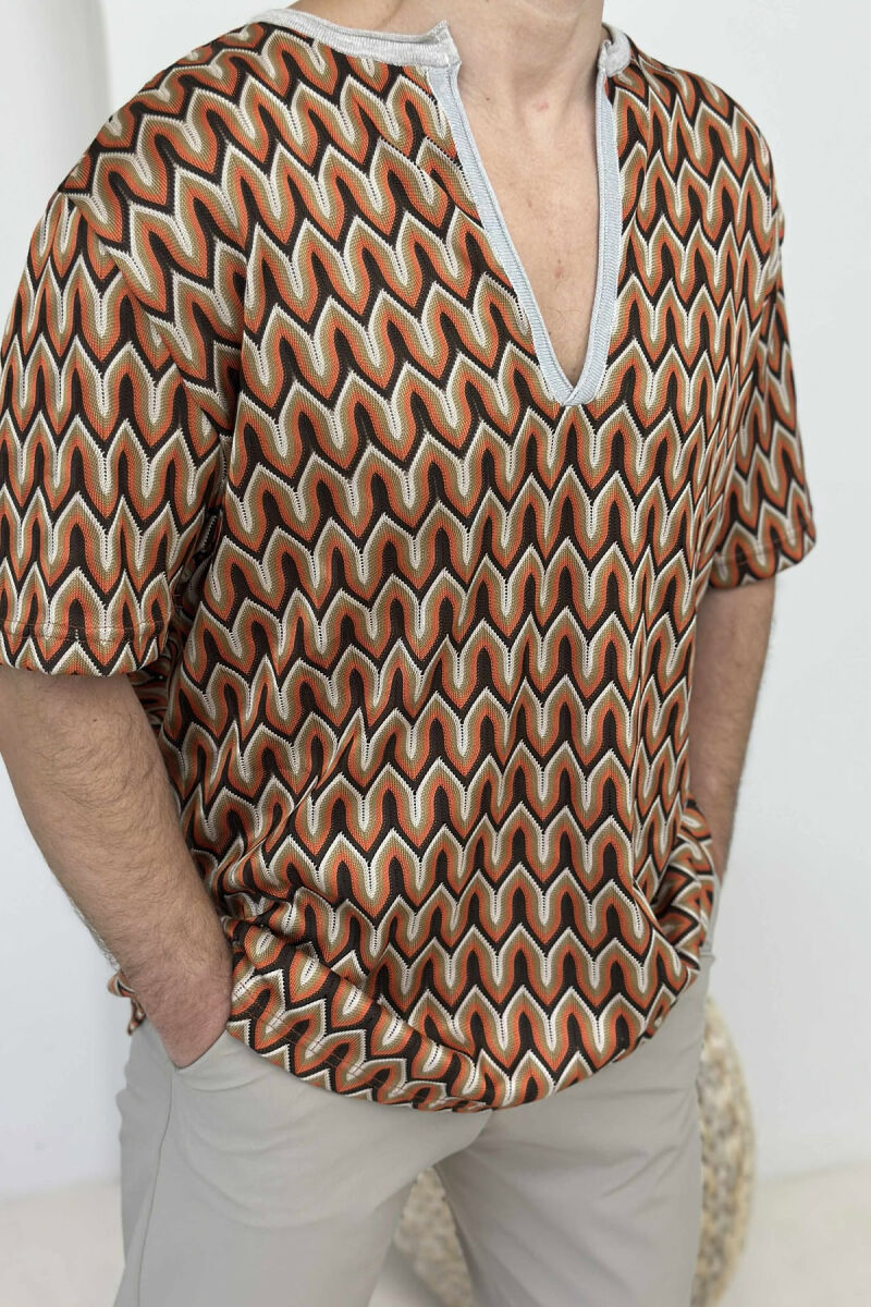 V NECK DESIGNED MEN T-SHIRT BROWN/KAFE - 3