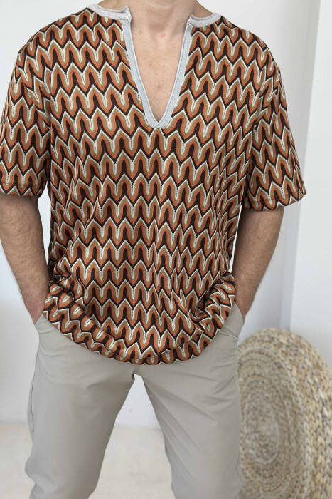 V NECK DESIGNED MEN T-SHIRT BROWN/KAFE - 4