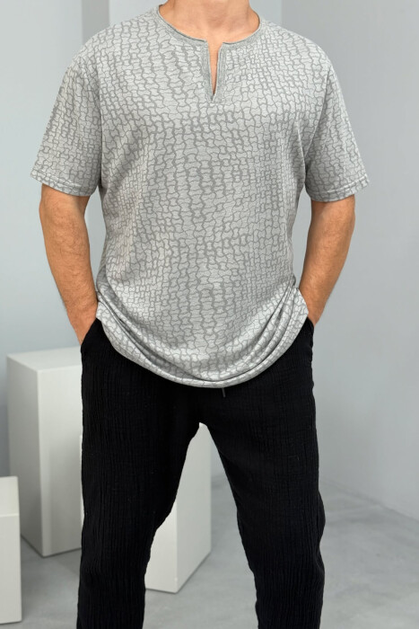 V NECK DESIGNED MEN T-SHIRT GREY/GRI - 1