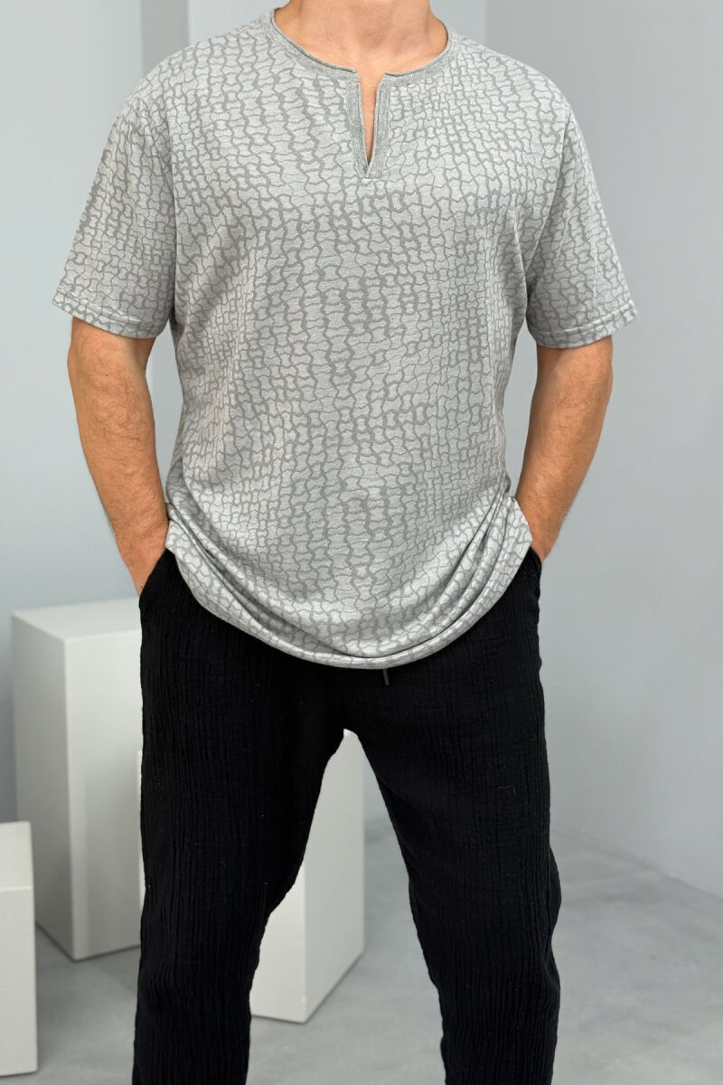 V NECK DESIGNED MEN T-SHIRT GREY/GRI - 1