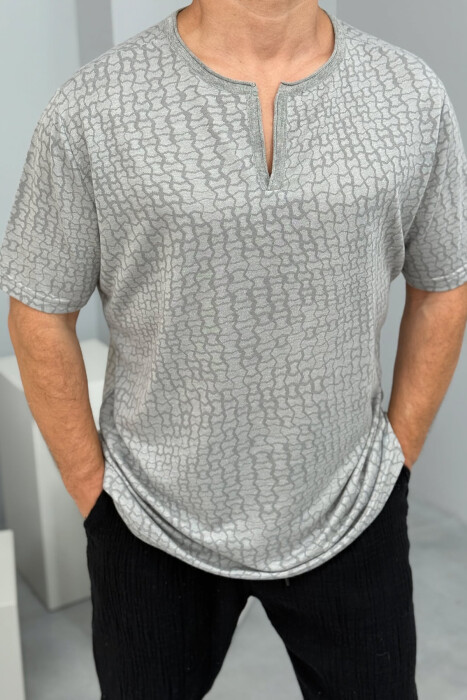 V NECK DESIGNED MEN T-SHIRT GREY/GRI - 2