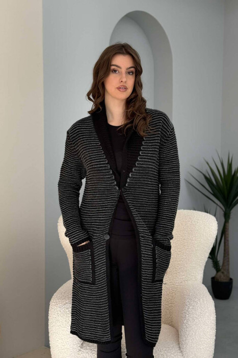 V NECK KNITTED WOMEN CARDIGAN BLACK-GREY/ZEGR 