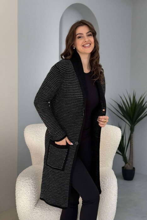 V NECK KNITTED WOMEN CARDIGAN BLACK-GREY/ZEGR - 2