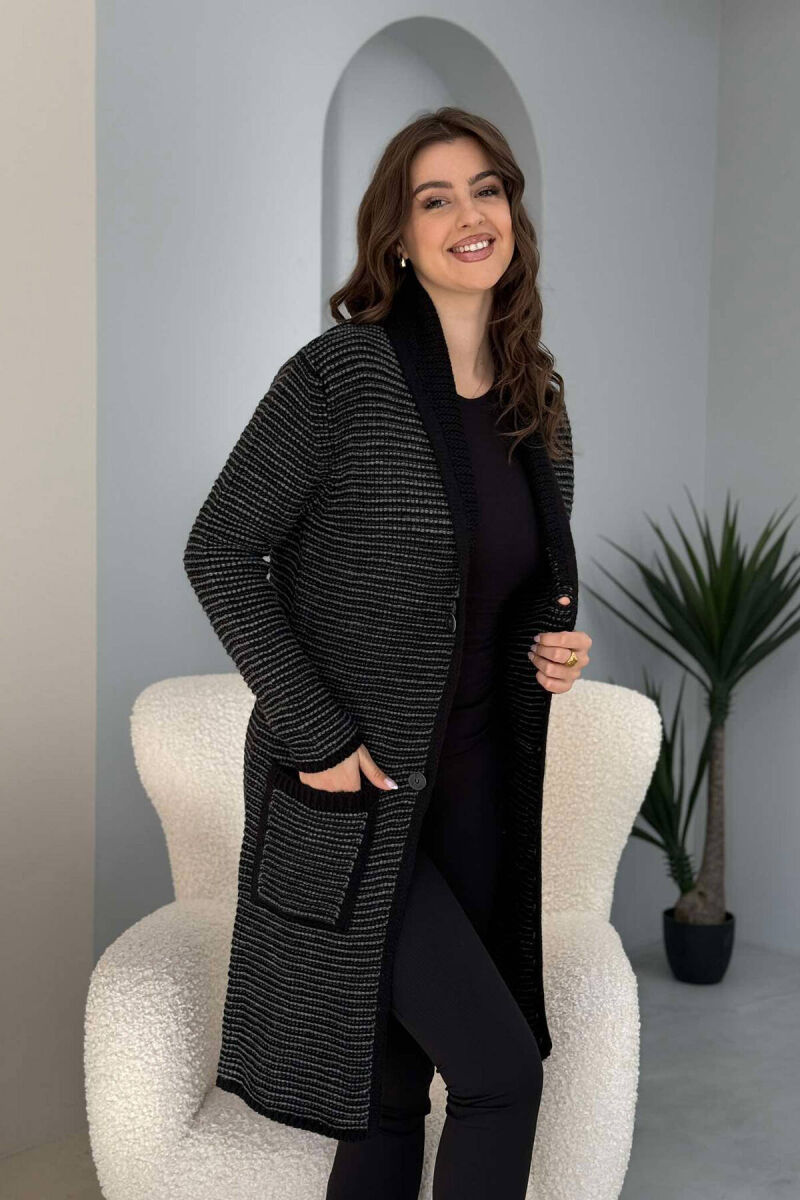 V NECK KNITTED WOMEN CARDIGAN BLACK-GREY/ZEGR - 2